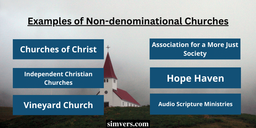Examples of Non-denominational churches include: Churches of Christ, Independent Christian Churches, Association for a More Just Society, Hope Haven, Vineyard Church, Audio Scripture Ministries