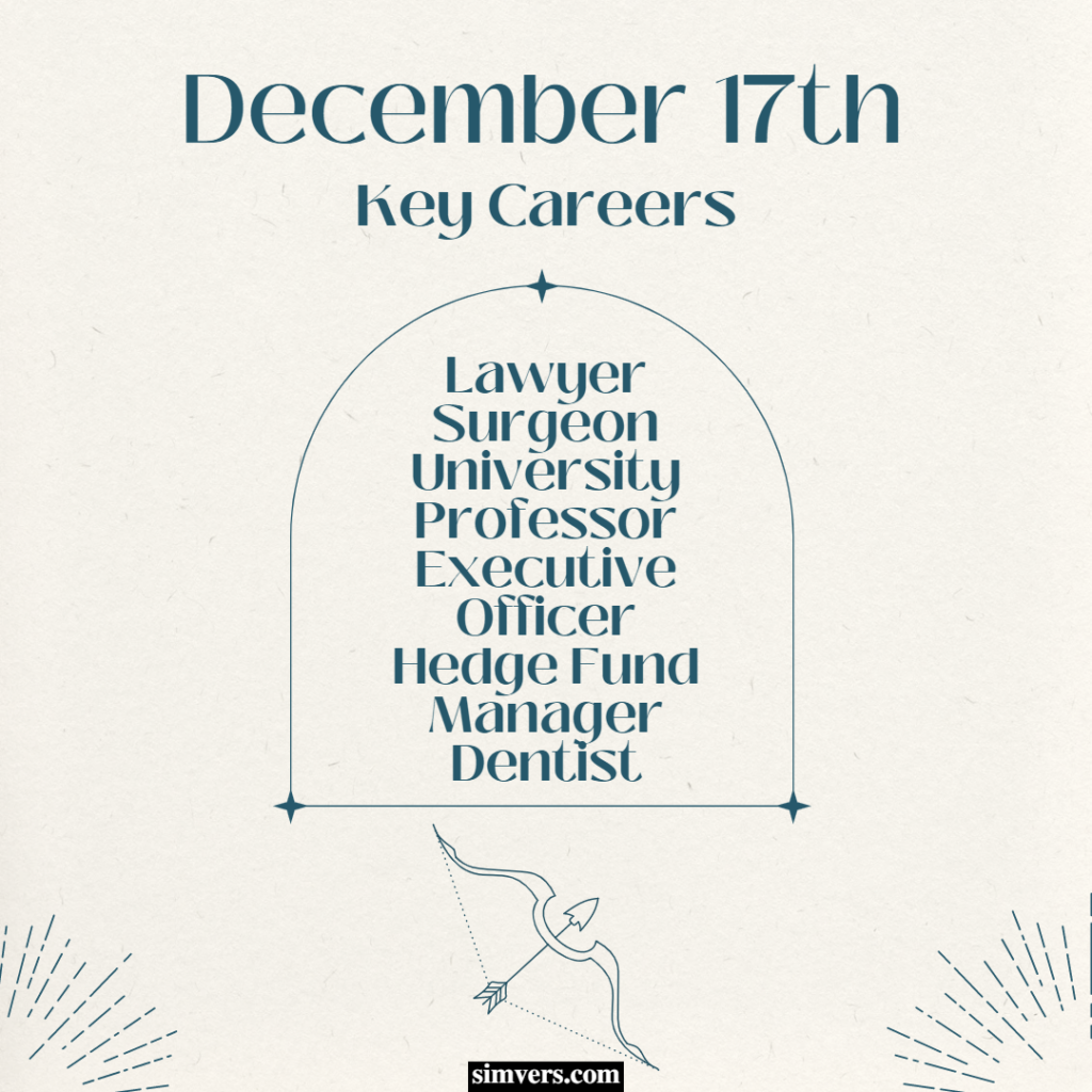 Your December 17th birthday means you enjoy prestigious and financially rewarding jobs.